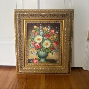 Vintage Floral Painting Textured Giclée Print in Ornate Gold Frame